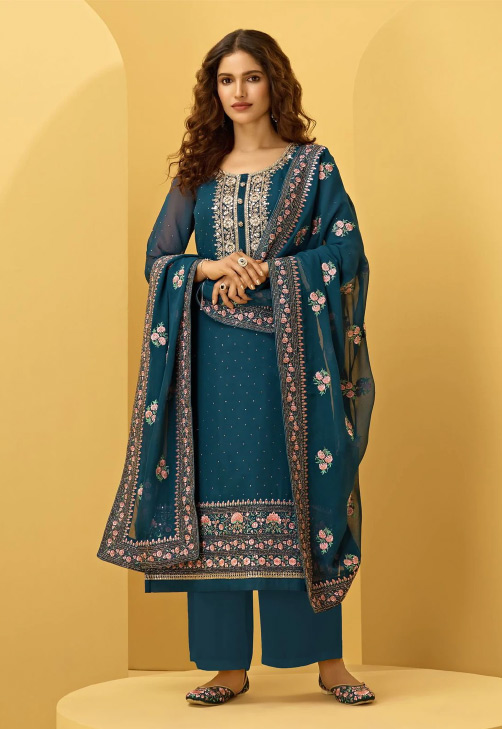 Teal Green Embroidered Suit