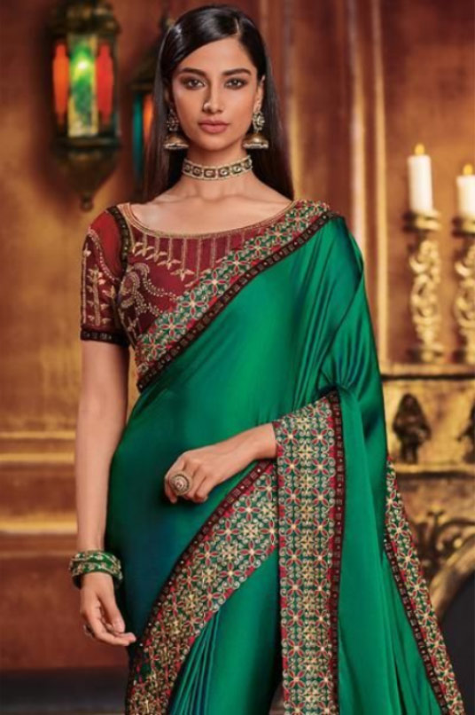 Green Saree And Maroon Blouse