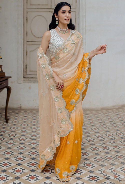 Half Organza Saree In Orange Color