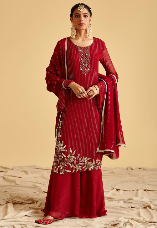 Round Neck Georgette Embroidered Kurta Set
