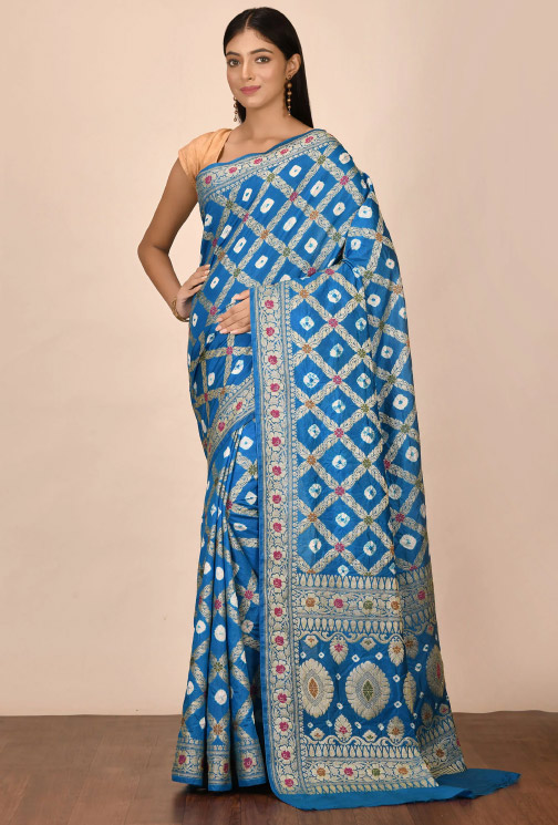 Sky Blue Banarasi Silk Bandhani Saree