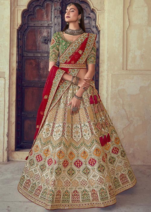 Beige Brown Lehenga With Green Choli And Red Banarasi Dupatta