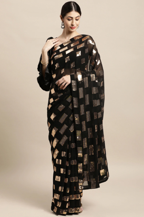 Gold Work Black Poly Georgette Saree