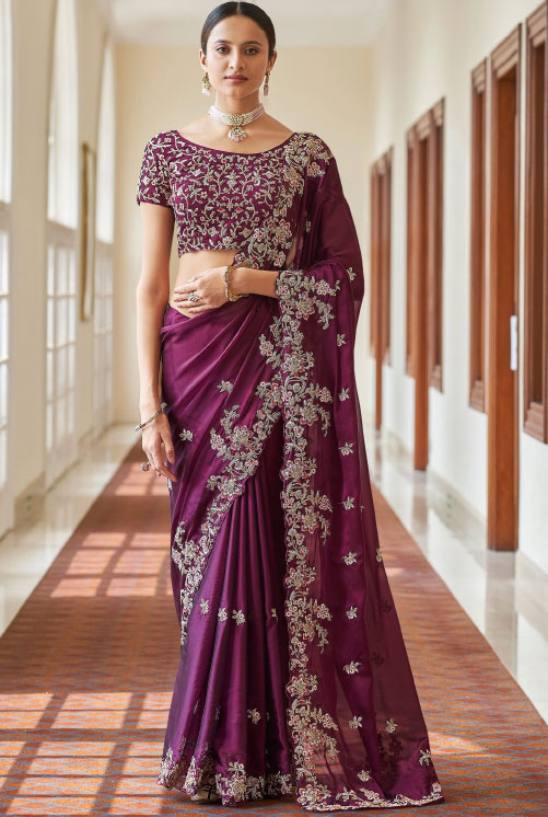 Wine Organza Saree