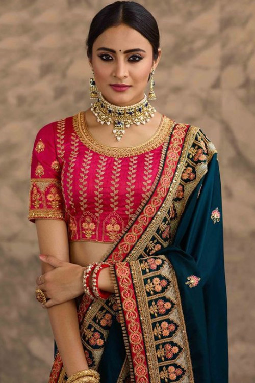 Blue Saree And Pink Blouse