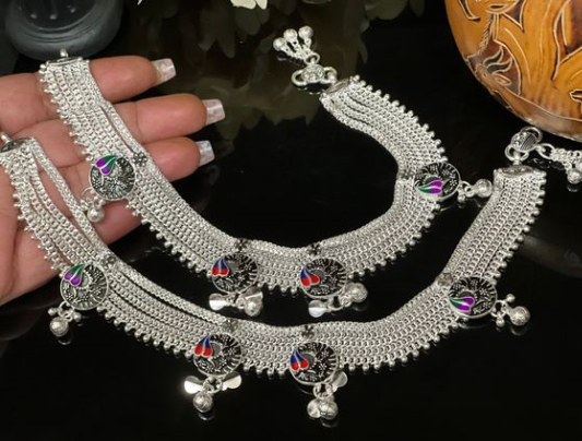 Circular Pattern Meenakari Anklets