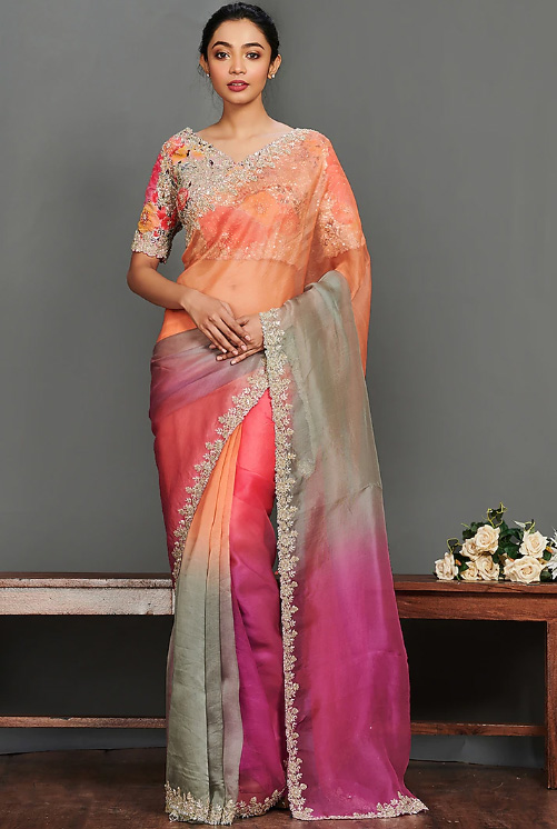 Multi Color Embroidered Saree