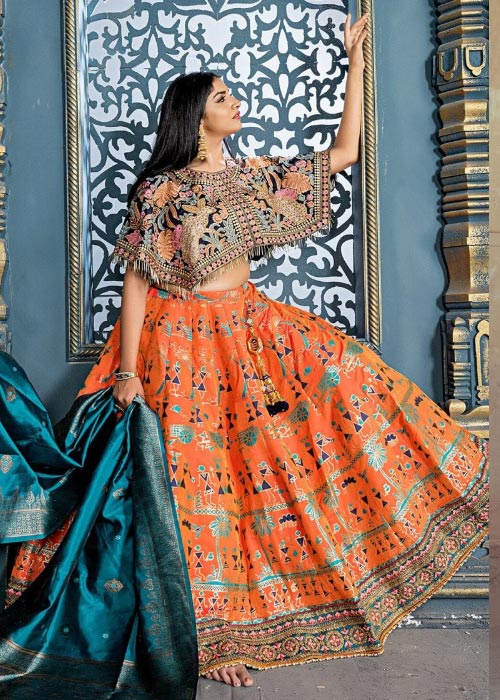 Orange Banarasi Silk Lehenga With Poncho Style Blouse