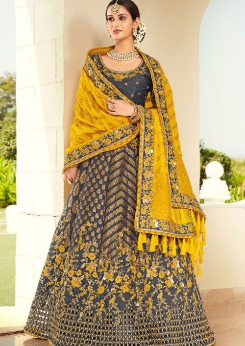 Grey And Yellow Banarasi Silk Le