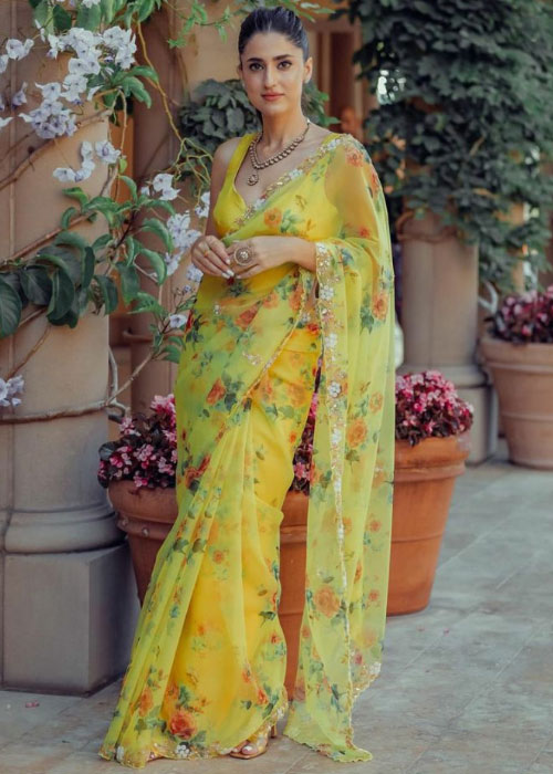 Lemon Yellow Color Designer Organza Silk Saree With Blouse