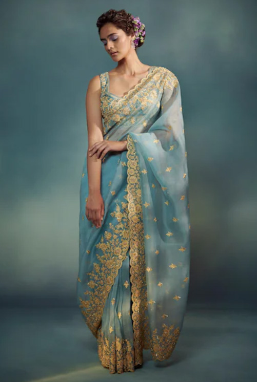 Light Blue Organza Satin Saree