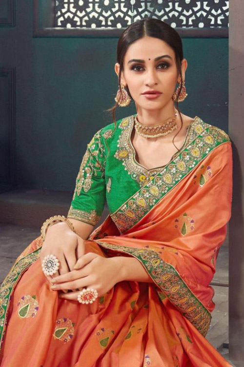 Orange Saree And Green Blouse