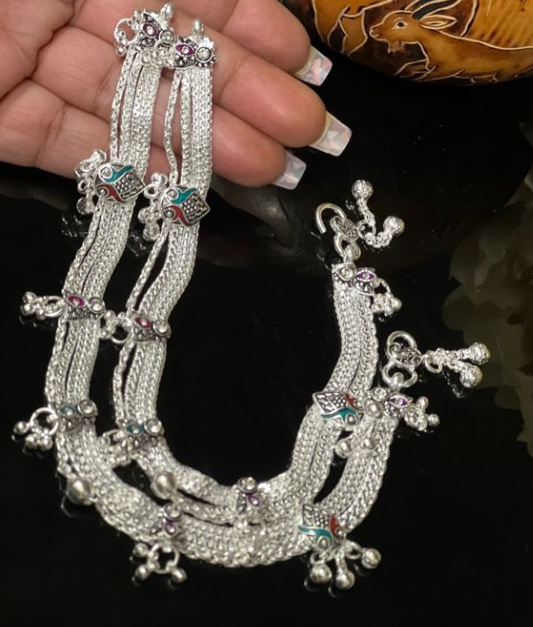 5 Layer Silver Meenakari Anklets
