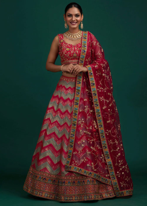 Designer Zari Work Banarasi Lehenga With Embroidered Dupatta