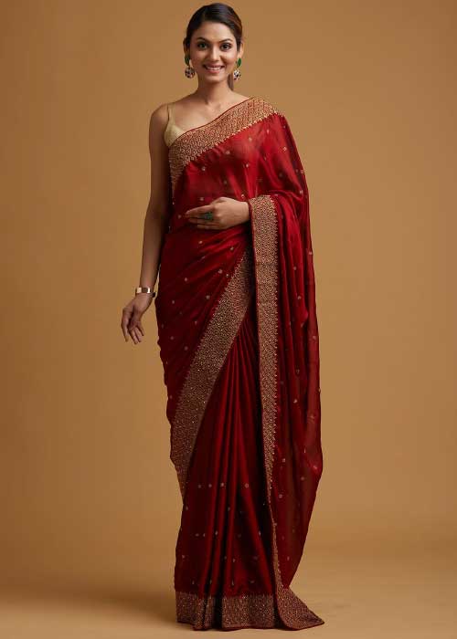 Maroon Zariwork Semi Crepe Designer Saree