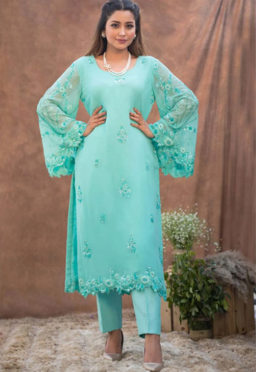 Sky Blue Bell Sleeves Straight Cut Kurta And Salwar Set
