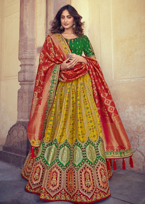 Baanrasi Circular Yellow Lehenga With Red Dupatta