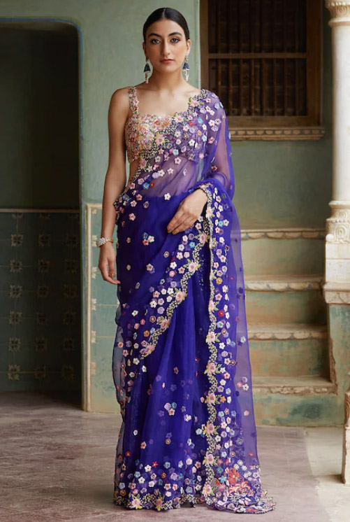 Blue Floral Embroidered Saree With Floral Blouse