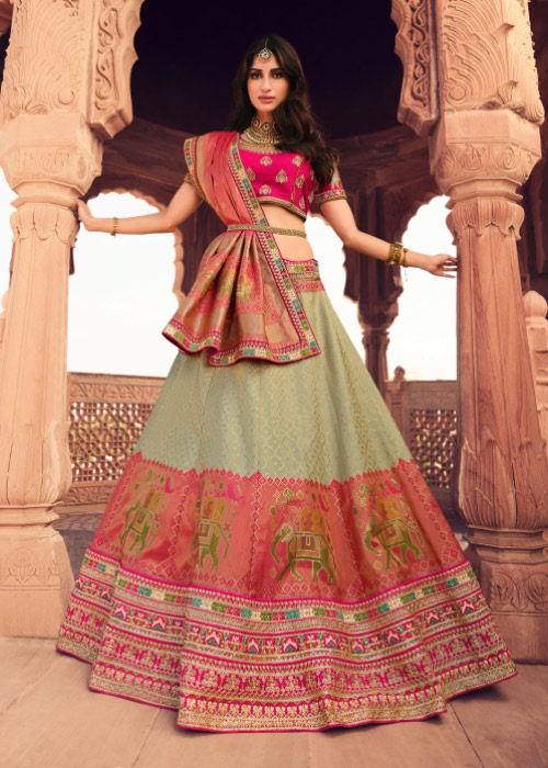 Green And Pink Hand Embroidered Lehenga