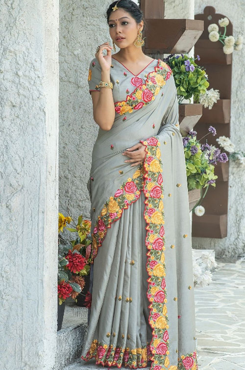 Grey Cut Work Border Saree