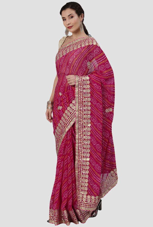 Magenta Georgette Bandhani Saree With Golden Broad Border Work