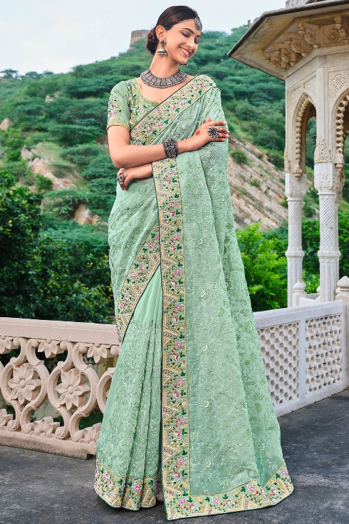 Mint Green Organza Saree with Embroidery