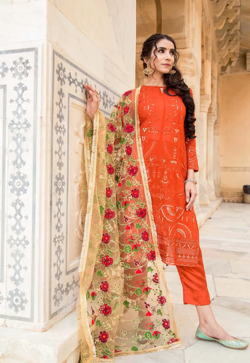 Orange Embroidered Salwar Suit With Net Dupatta