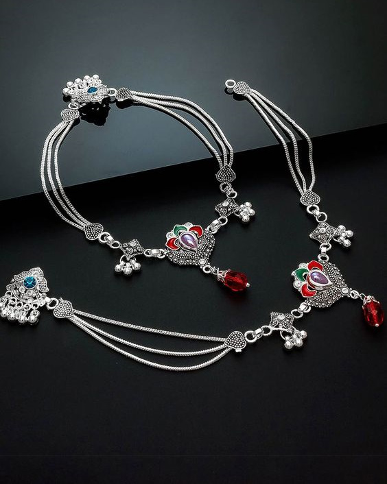 Stylish Meenakari Silver Anklets