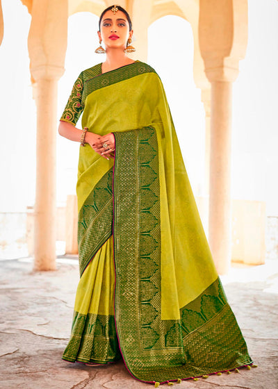 Avocado Green Kanjeevaram Silk Saree With Broad Zari Border Work