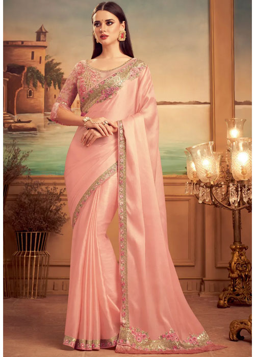 Baby Pink Embroidered Pallu Work Saree