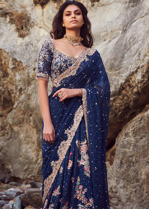 Blue Chiffon Saree With Designer Saree