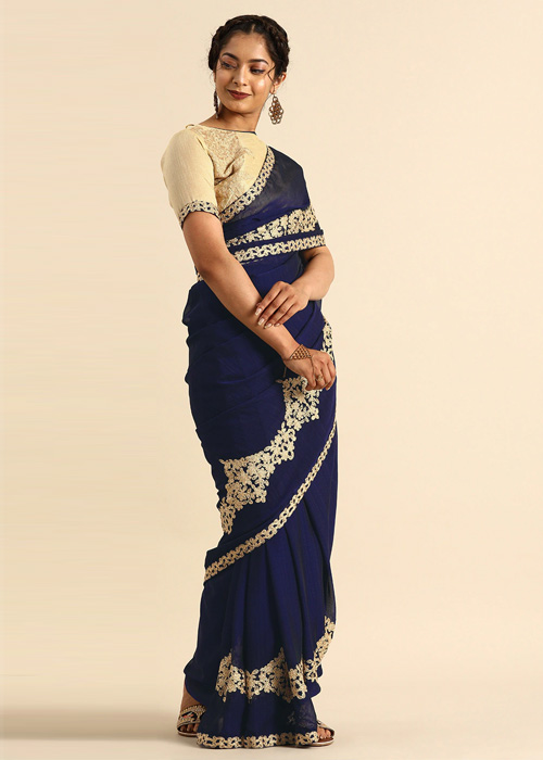 Blue Color Saree With White Embroidery