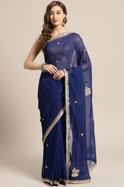 Blue Hand Embroidered Saree