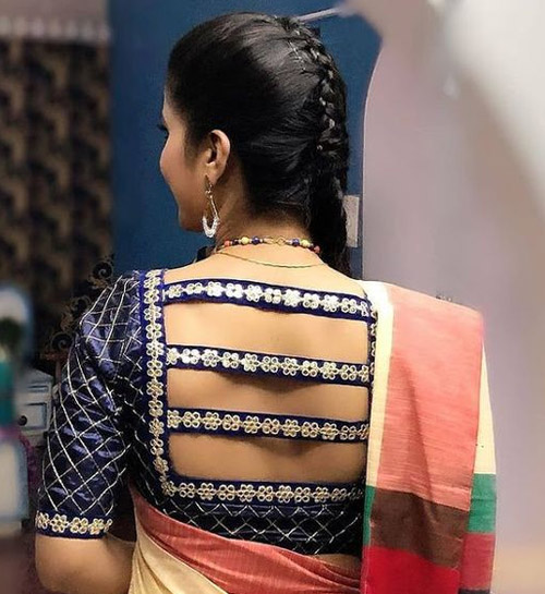 Blue Lace Work Back Neck Design