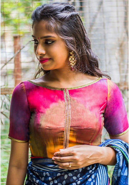 Boat Neck Blouse With Golden Lace Detailing