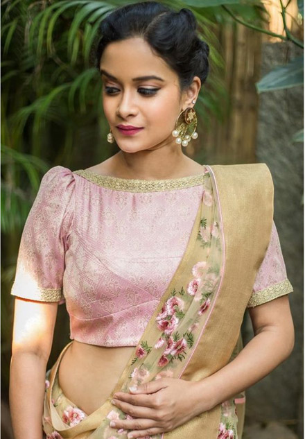Boat Neck Lace Work Pink Blouse