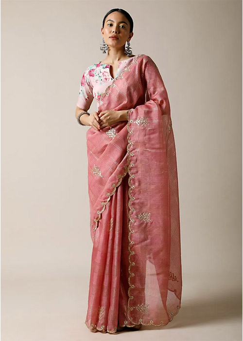 Buti Work Kota Silk Saree In Rose Pink