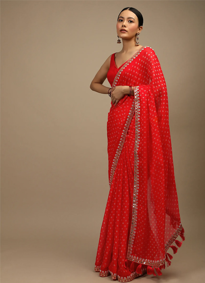 Candy Red Bandhani saree With Gota Patti Work