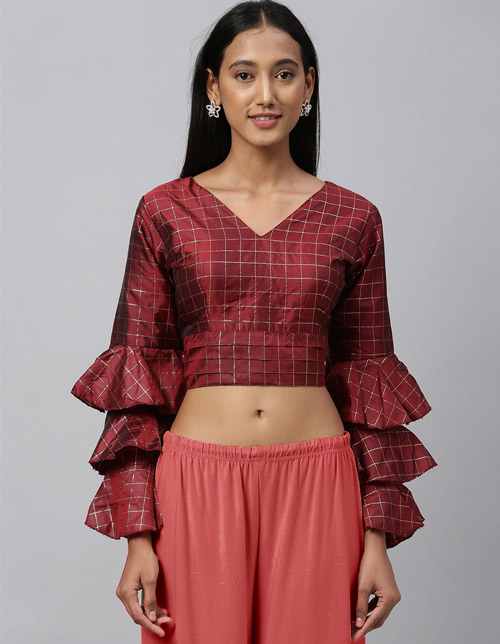 Checked Print Bell Sleeves Blouse Design