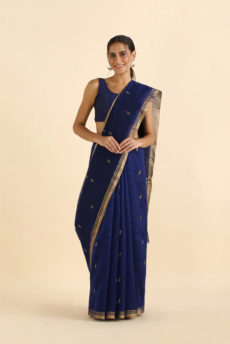 Cotton Silk Saree In Dark Blue Color