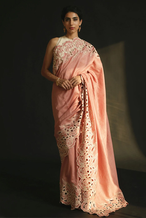 Cutwork Pink Chanderi Embroidered Saree