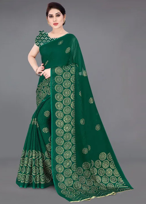 Dark Green Gold Print Kota Doria Saree