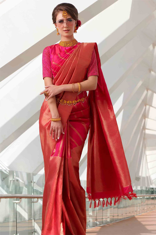 Dual Tone Rani Pink And Gold Kanjeevaram Silk Saree