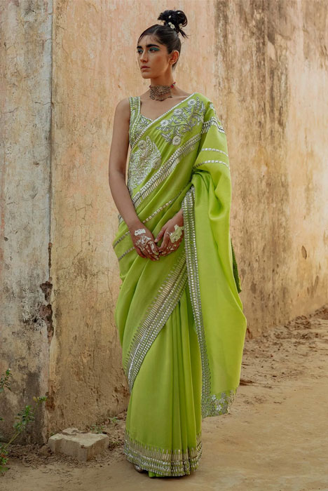 Embellished And Sequined Chanderi Saree In Green