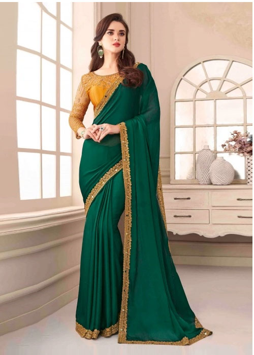 Embroidered Border Dark Green Saree