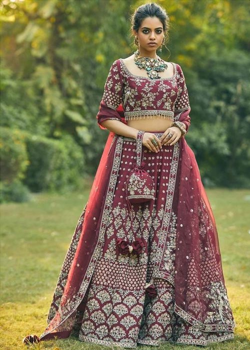 Embroidered Wine Lehenga Set