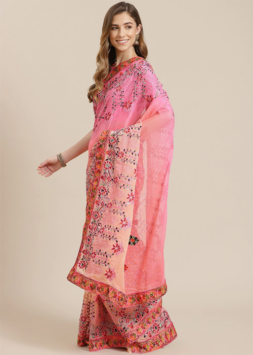 Floral Work Pink Saree