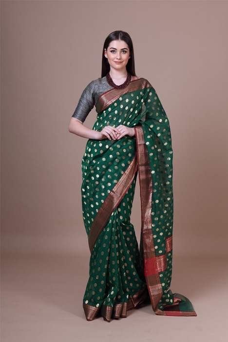 Forest Green Buti Work Chanderi Silk Saree