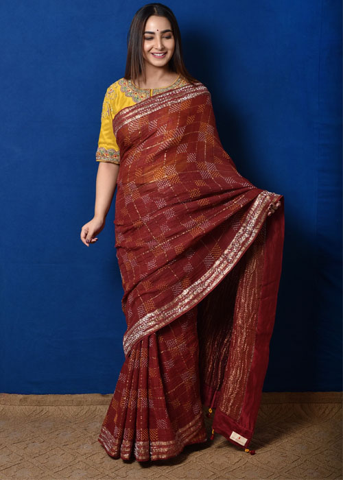 Geometric Print Kota Doria Saree With Yellow Designer Blouse