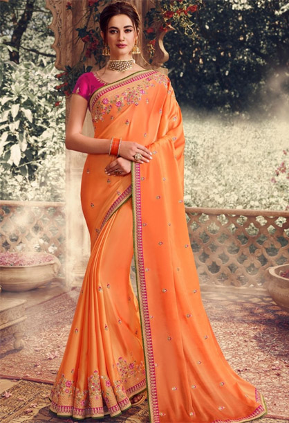 Georgette Saree In Orange With Gota Patti Work